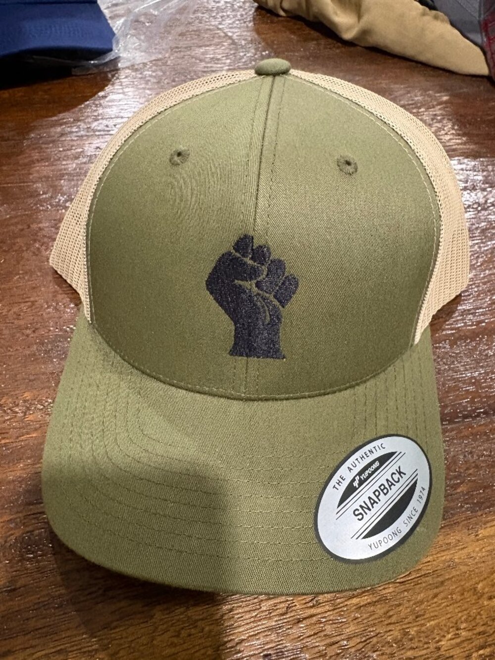 Black Fist Black Power Baseball Hat Ball Cap Yupoong Snap back NWT NEW Olive Tan